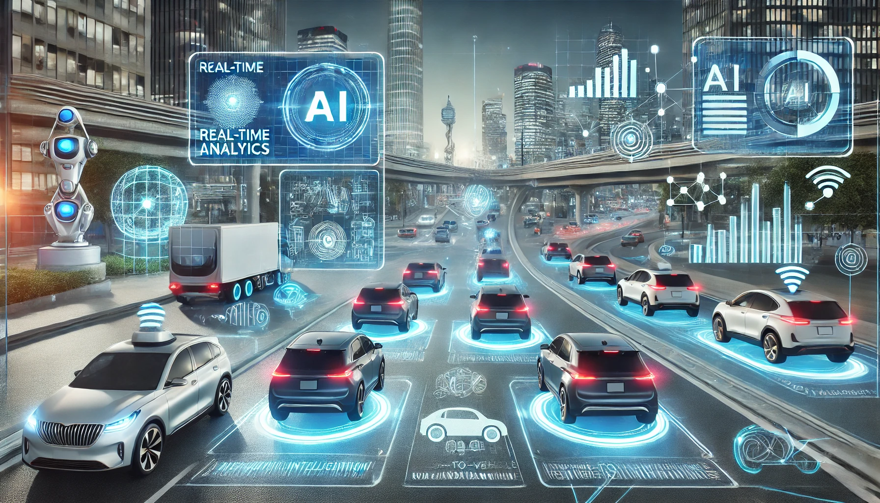 Autonome Fahrzeuge fahren durch eine smarte Stadt, gesteuert von KI-gestützten Systemen mit Echtzeit-Analysen, Sensoren und vernetzter Kommunikation.