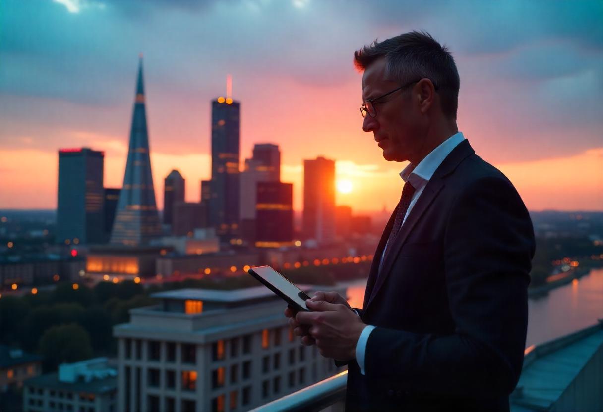 Immobilienmakler in Frankfurt analysiert den Markt mit Blick auf die Skyline und moderne Wohn- und Bürogebäude.